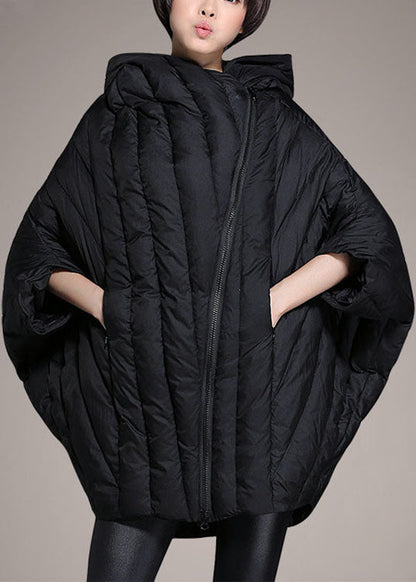 Simple Black Cloak Sleeves Zippered Warm Winter Duck Down Coat