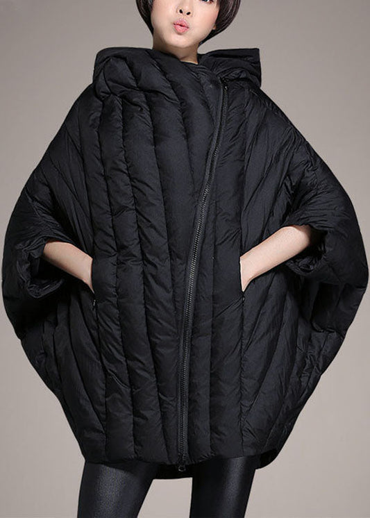 Simple Black Cloak Sleeves Zippered Warm Winter Duck Down Coat