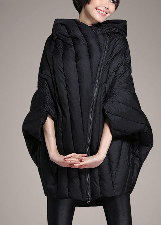 Simple Black Cloak Sleeves Zippered Warm Winter Duck Down Coat