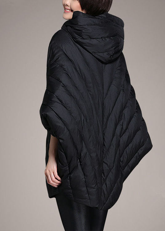 Simple Black Cloak Sleeves Zippered Warm Winter Duck Down Coat