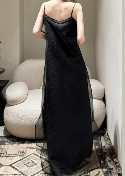 Simple Black Cold Shoulder Tulle Spaghetti Strap Dress Sleeveless