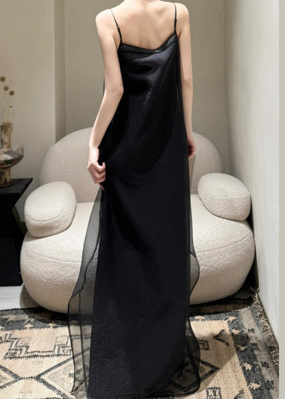 Simple Black Cold Shoulder Tulle Spaghetti Strap Dress Sleeveless