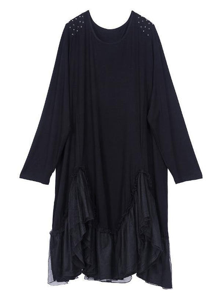 Simple Black Cotton Patchwork Spring Ankle Dress