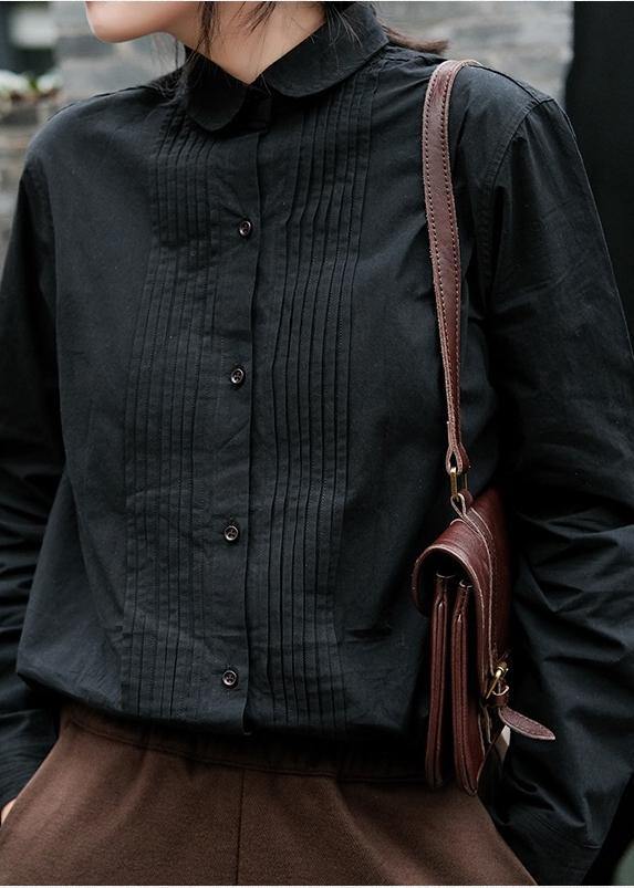 Simple Black Crane Tops Lapel Cinched Oversized Spring Blouse