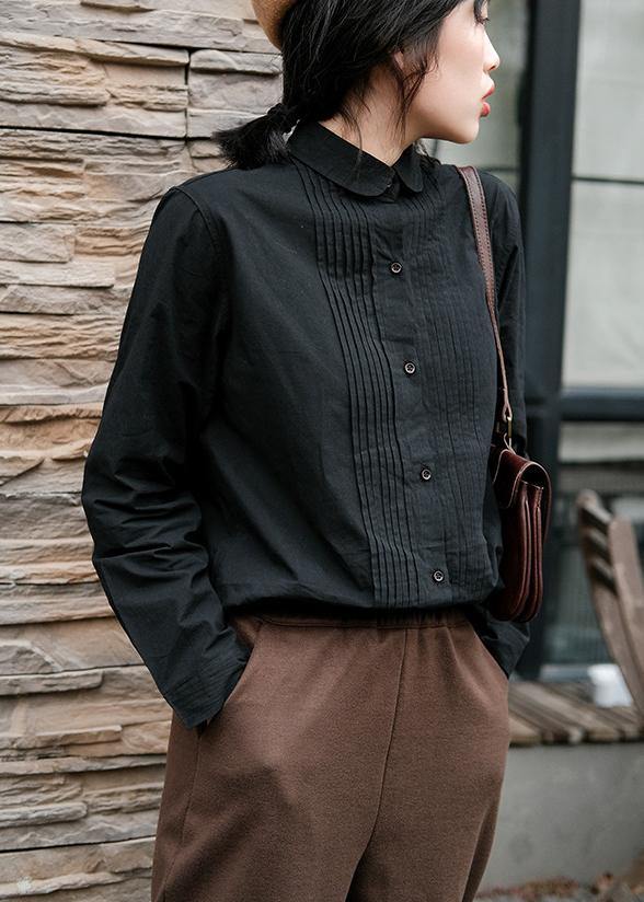 Simple Black Crane Tops Lapel Cinched Oversized Spring Blouse