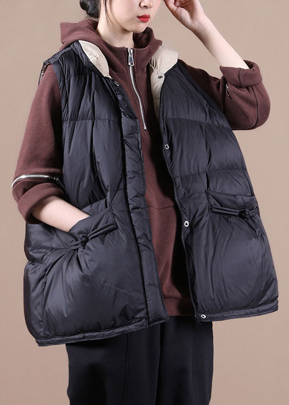 Simple Black Loose Button Thick Winter Sleeveless Puffer Vest