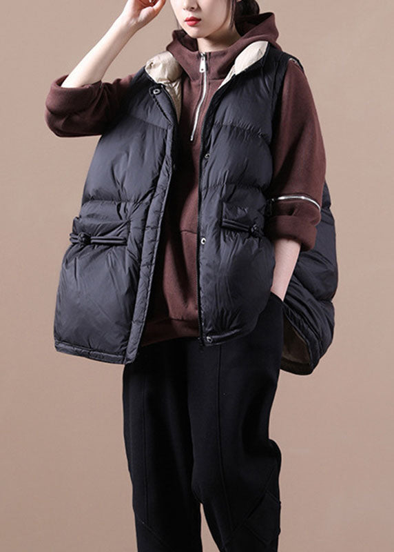 Simple Black Loose Button Thick Winter Sleeveless Puffer Vest