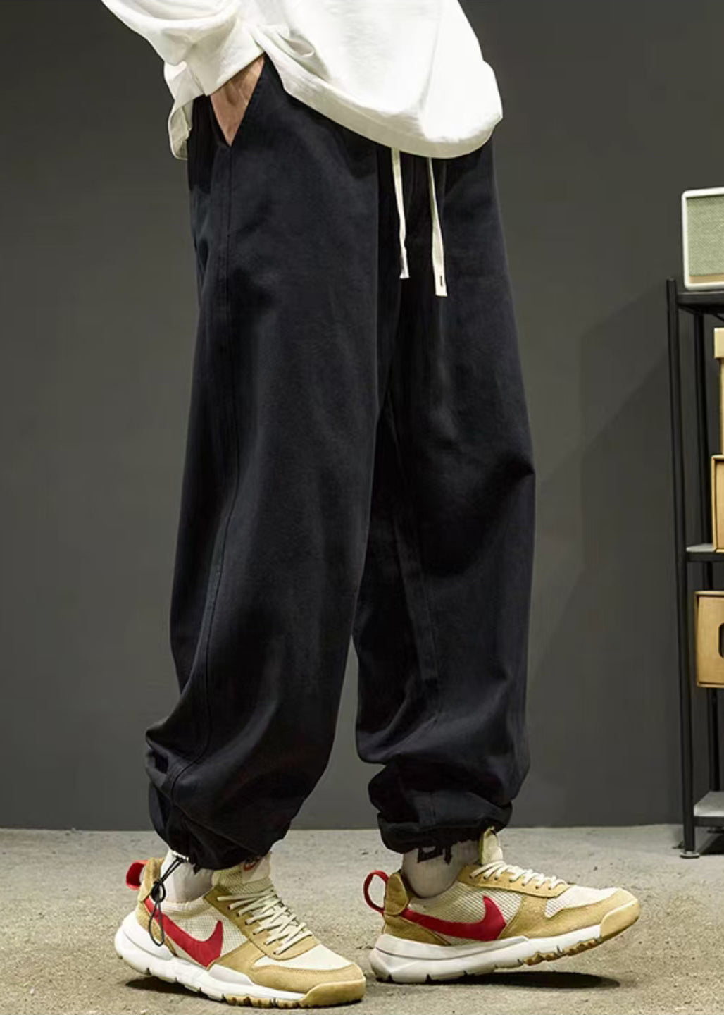 Simple Black Drawstring Warm Fleece Beam Pants Spring