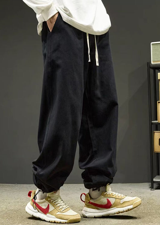 Simple Black Drawstring Warm Fleece Beam Pants Spring