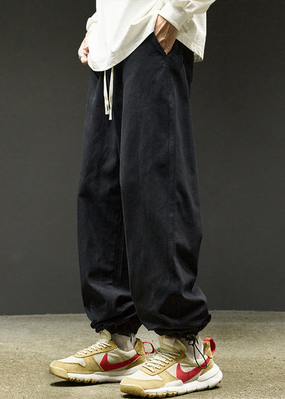 Simple Black Drawstring Warm Fleece Beam Pants Spring