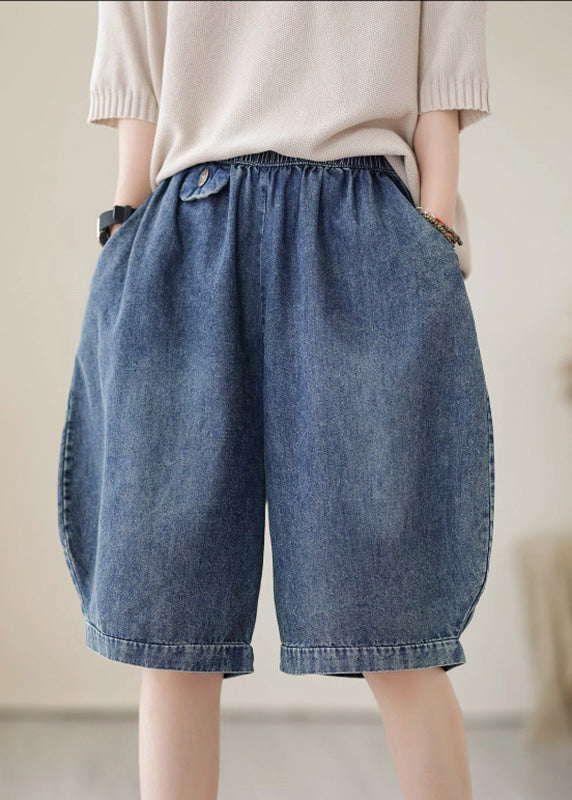 Simple Black Elastic Waist Pockets Cotton Shorts Summer