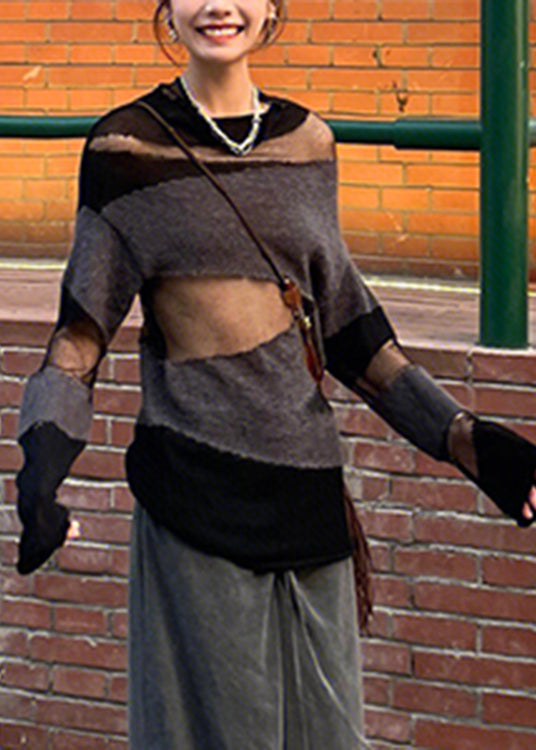Simple Black Grey O-neck Tulle Patchwork Hollow Out Knitt Sweaters Fall