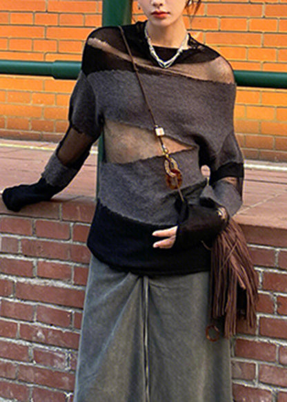 Simple Black Grey O-neck Tulle Patchwork Hollow Out Knitt Sweaters Fall