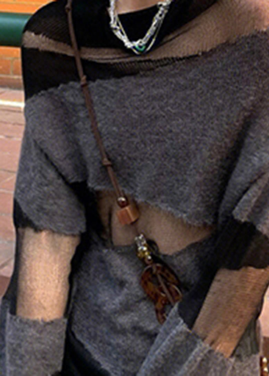 Simple Black Grey O-neck Tulle Patchwork Hollow Out Knitt Sweaters Fall