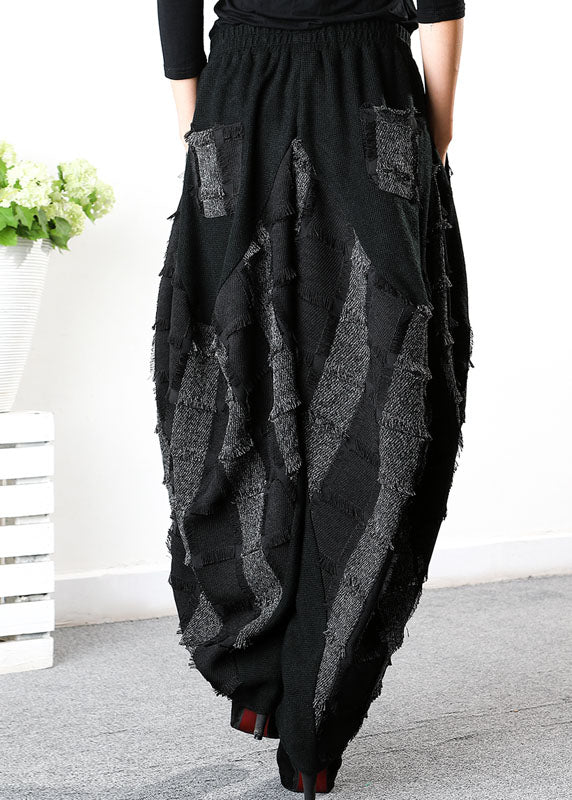 Simple Black Grey Patch Applique Striped Pants Spring