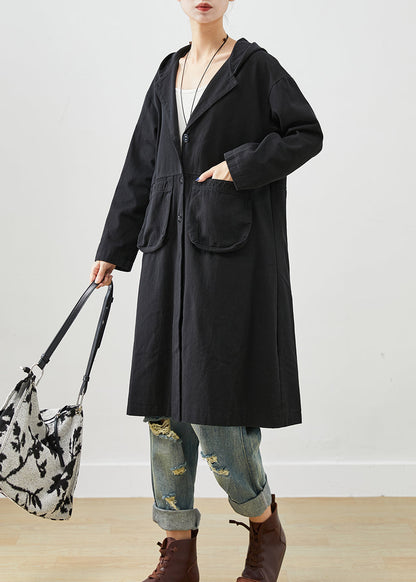 Simple Black Hooded Pockets Cotton Trench Fall