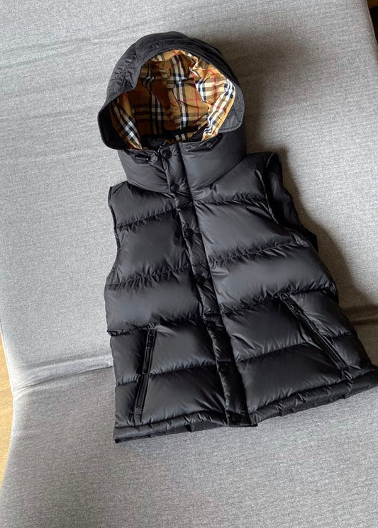 Simple Black Hooded Color Duck Down Puffer Vest Sleeveless