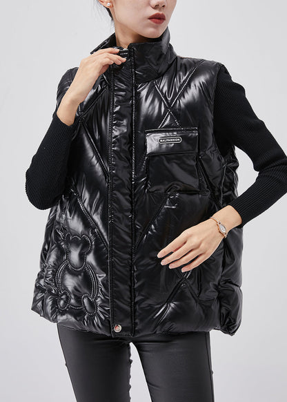 Simple Black Hooded Thick Fine Cotton Filled Puffers Vests Winter