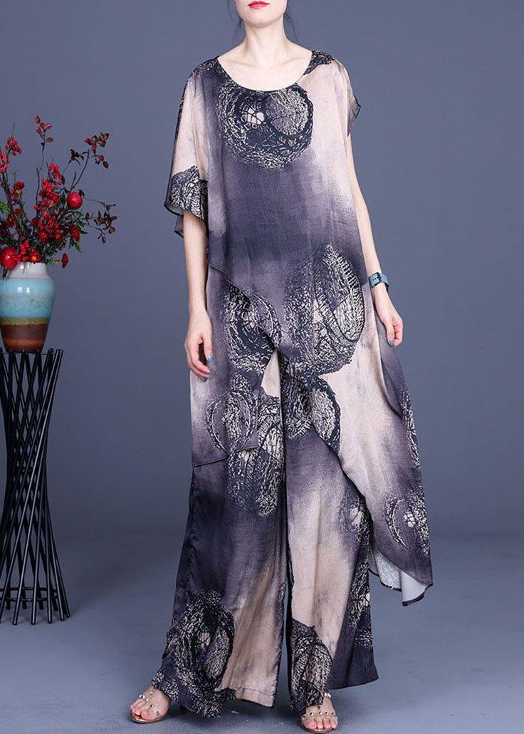 Simple Black Khaki Print Silk Asymmetrical Design Wide Leg Two Pieces Set