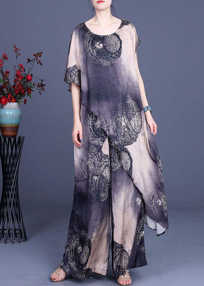 Simple Black Khaki Print Silk Asymmetrical Design Wide Leg Two Pieces Set