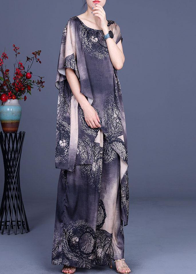 Simple Black Khaki Print Silk Asymmetrical Design Wide Leg Two Pieces Set