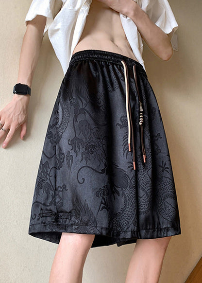 Simple Black Lace Up Elastic Waist Summer Shorts