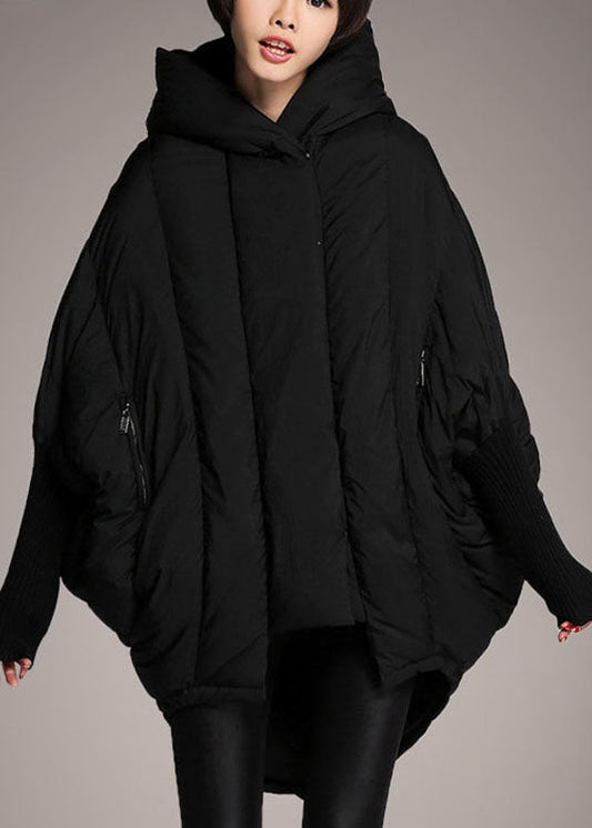 Simple Black Loose Pockets Asymmetrical Design Winter Duck Down Jacket