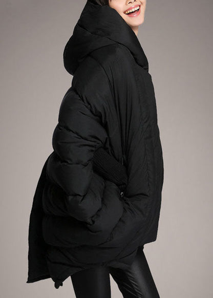 Simple Black Loose Pockets Asymmetrical Design Winter Duck Down Jacket