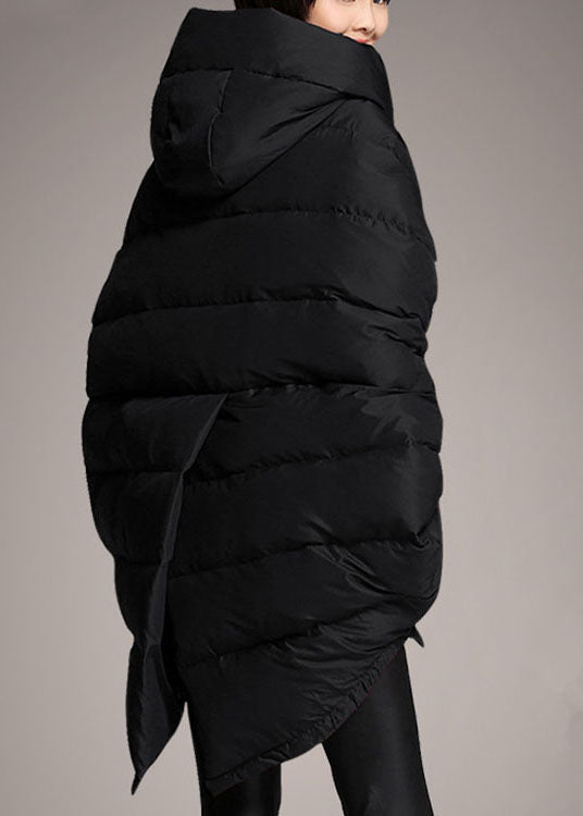 Simple Black Loose Pockets Asymmetrical Design Winter Duck Down Jacket