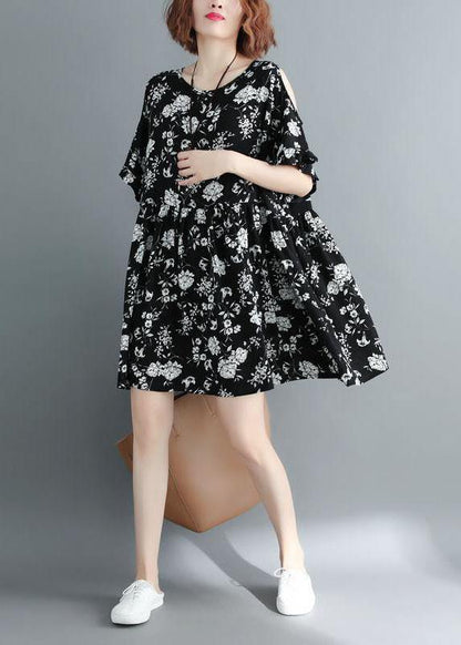 Simple Black Loose Print Summer Party Mini Dress Half Sleeve