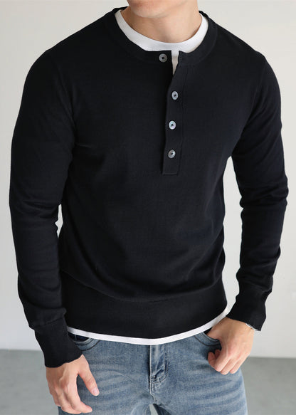 Simple Black O Neck Button Woolen Knit Sweater Tops Fall