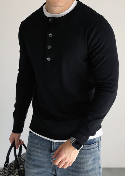 Simple Black O Neck Button Woolen Knit Sweater Tops Fall