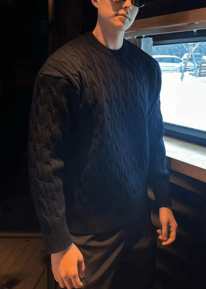 Simple Black O Neck Cable Knit Sweaters Spring