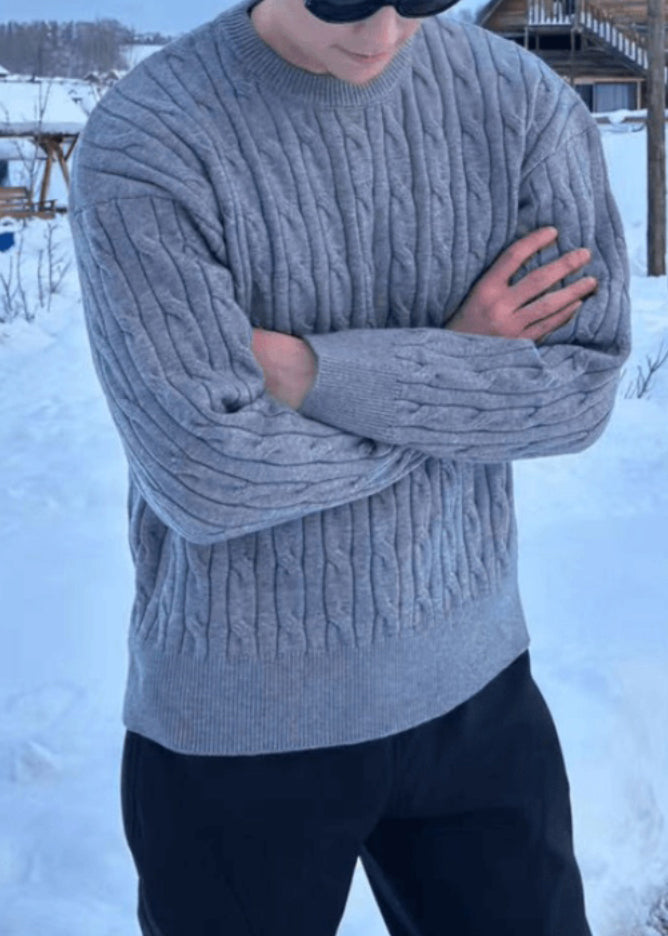 Simple Black O Neck Cable Knit Sweaters Spring