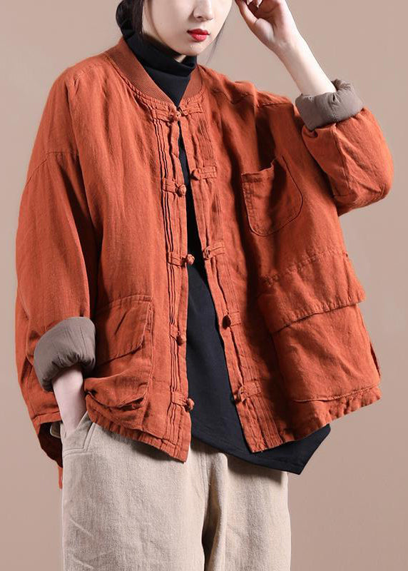 Simple Black O-neck Pockets Button Thick Coat Long Sleeve