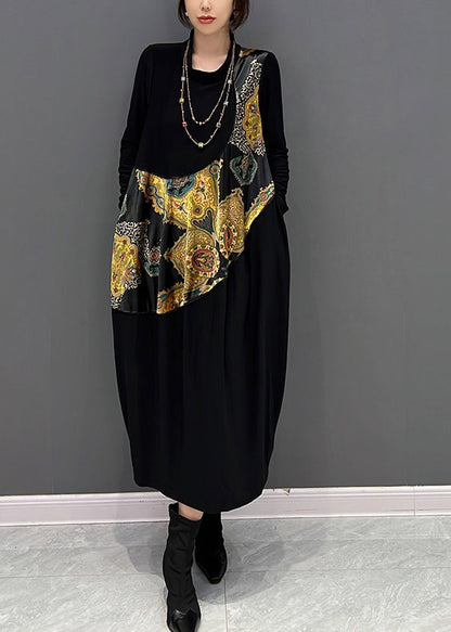 Simple Black O-neck Print Vacation Dresses Fall