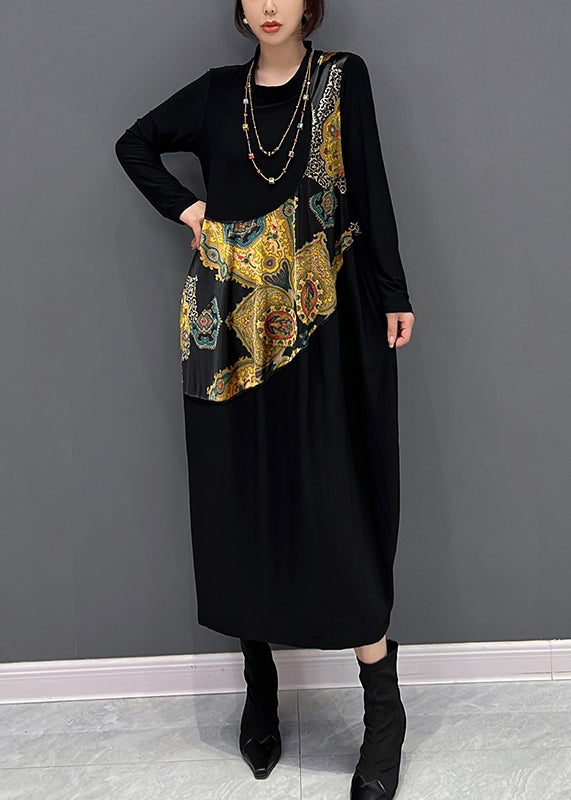 Simple Black O-neck Print Vacation Dresses Fall