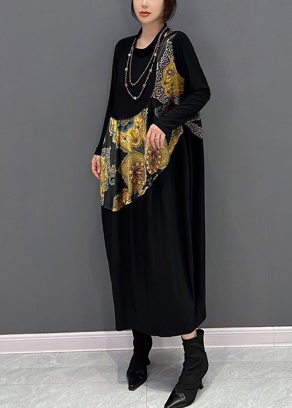 Simple Black O-neck Print Vacation Dresses Fall