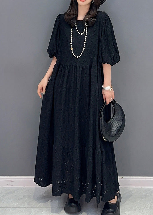 Simple Black O-neck Wrinkled Elastic Waist Long Dress Summer
