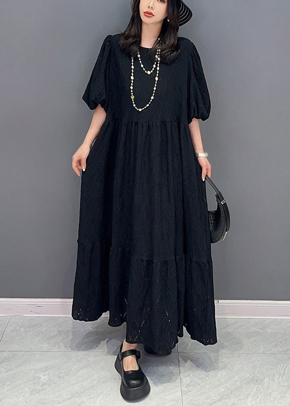 Simple Black O-neck Wrinkled Elastic Waist Long Dress Summer