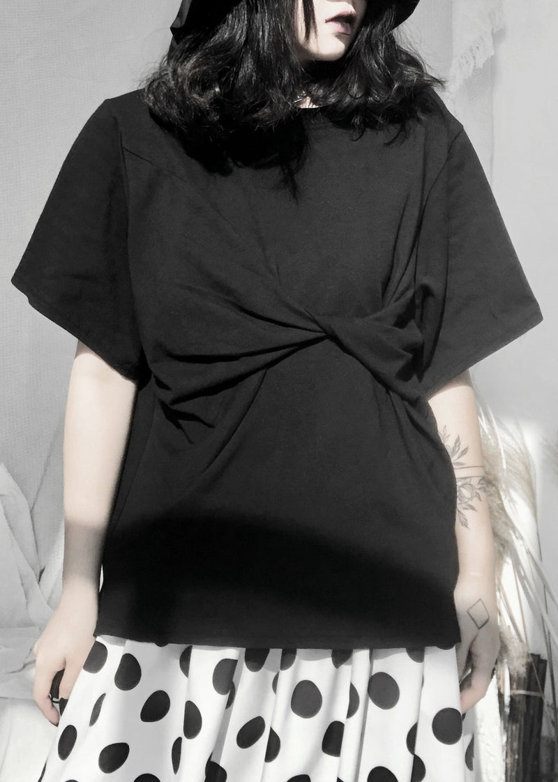 Simple Black O-neck Wrinkled Low High Design T Shirt Short Sleeve