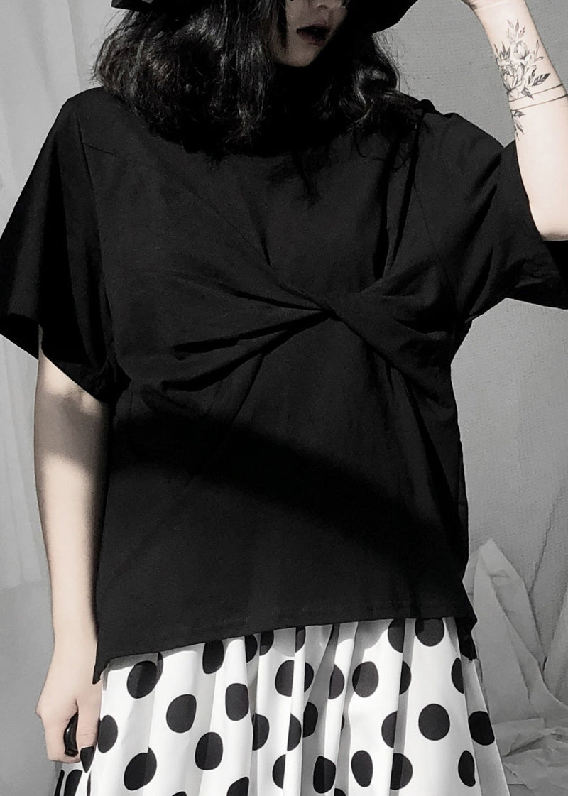 Simple Black O-neck Wrinkled Low High Design T Shirt Short Sleeve