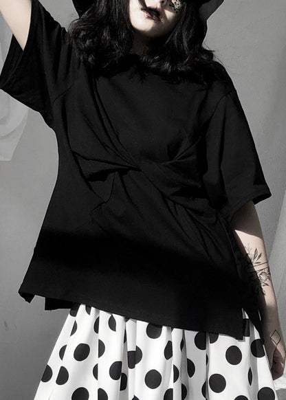 Simple Black O-neck Wrinkled Low High Design T Shirt Short Sleeve