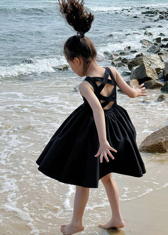 Simple Black O Neck Wrinkled Patchwork Cotton Baby Dresses Sleeveless