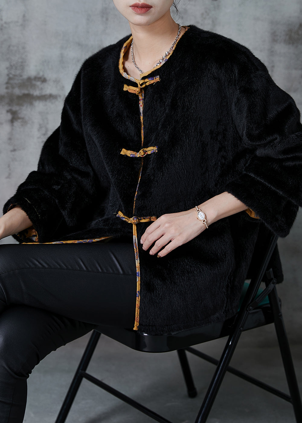 Simple Black Oversized Faux Mink Hair Wear on Both Sides Coats Spring