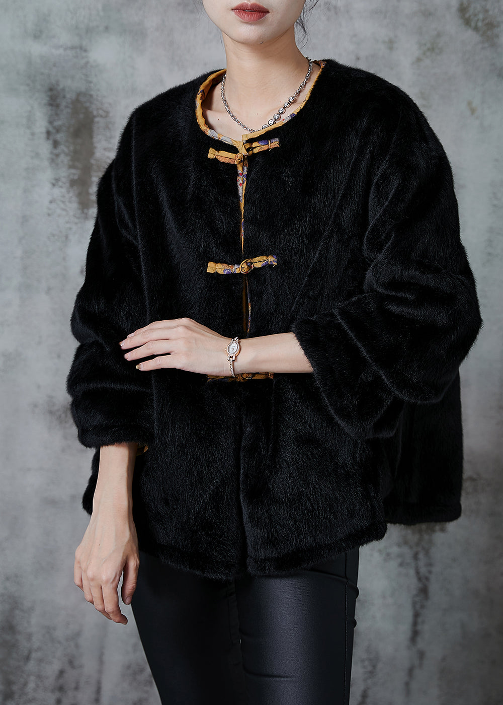 Simple Black Oversized Faux Mink Hair Wear on Both Sides Coats Spring