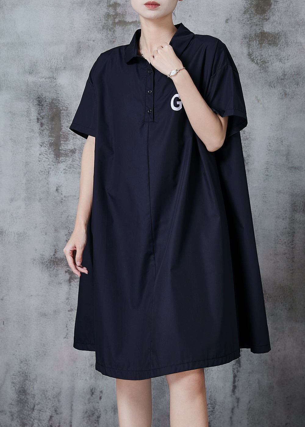 Simple Black Oversized Go Print Cotton Shirt Dress Spring