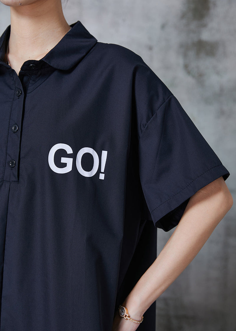 Simple Black Oversized Go Print Cotton Shirt Dress Spring