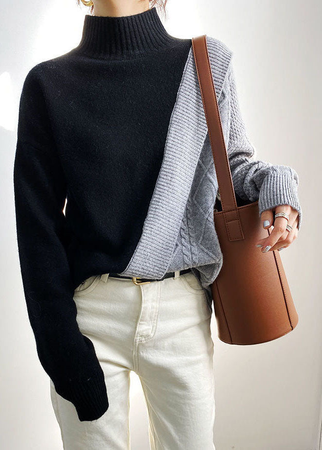 Simple Black Patchwork Grey Fall Sweater