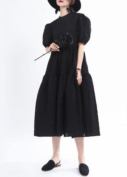Simple Black Patchwork Puff Sleeve Summer Cotton Long Dresses